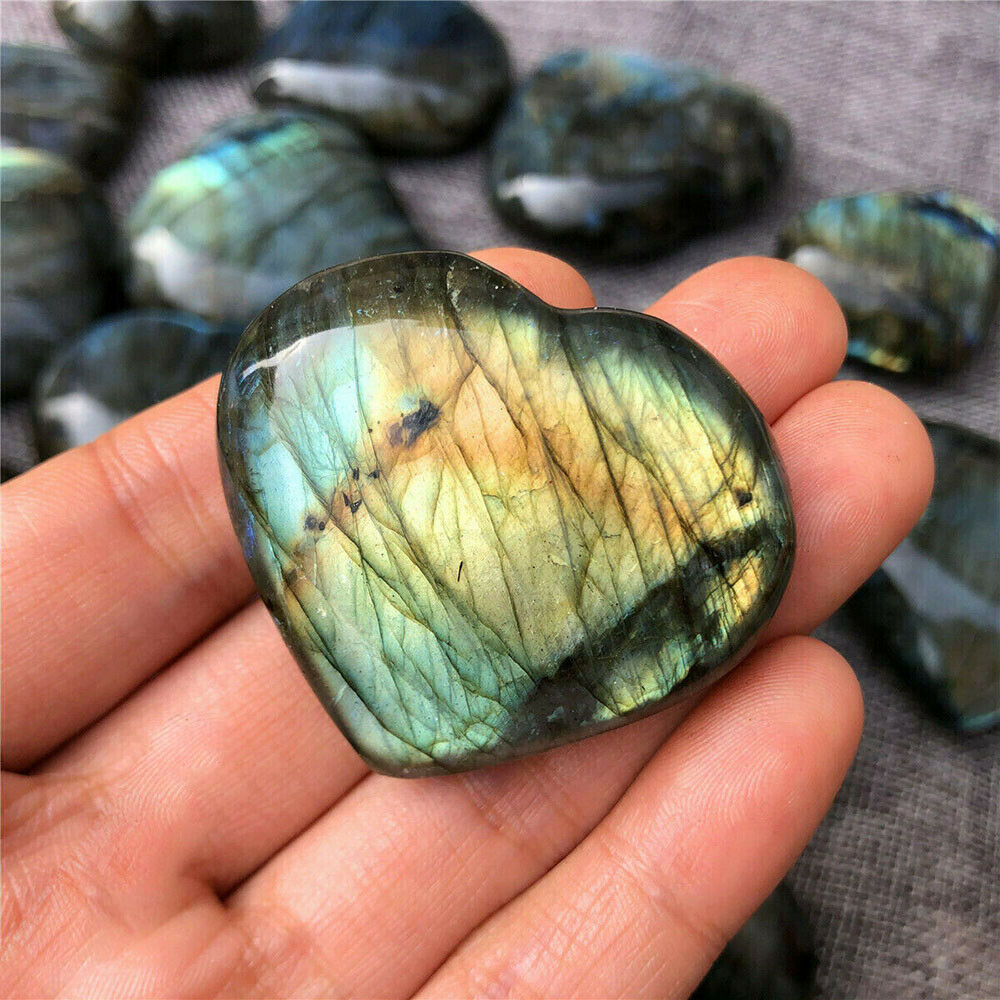 100% Natural Rainbow Labradorite Heart Quartz Crystal Carved Reiki Healing New
