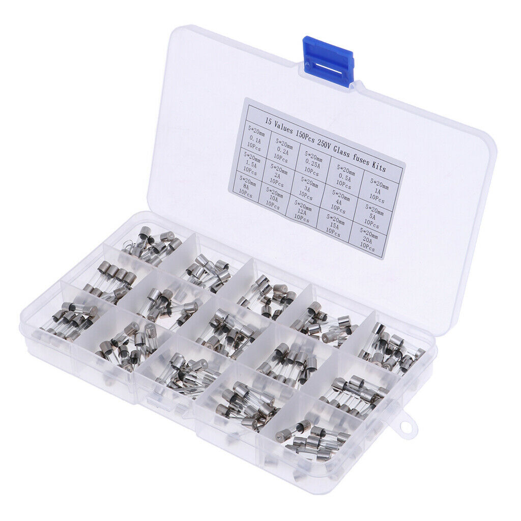 1Set 150Pcs 5x20mm 0.1A-20A Quick Fast Blow Glass Tube Fuse Assorted Kit