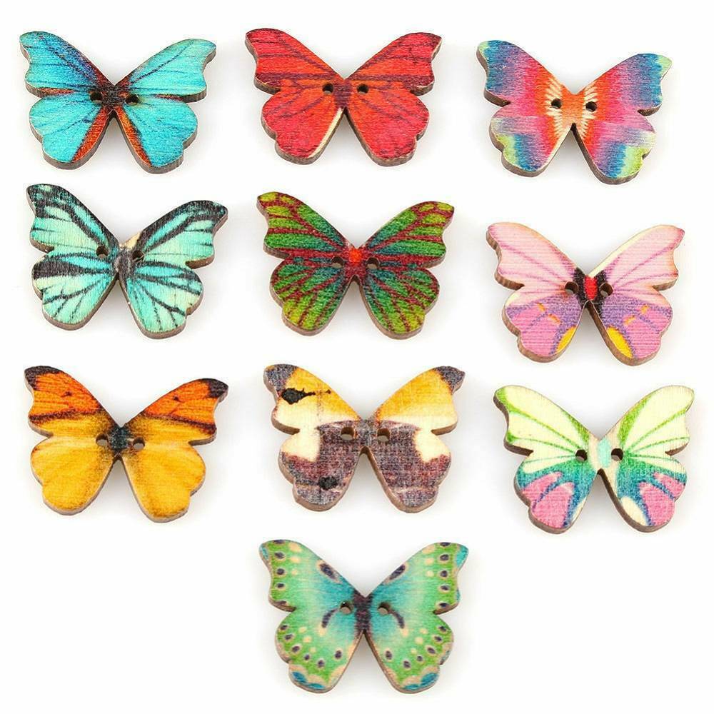 100* DIY 2 Holes Mixed Butterfly Shape Wooden Sewing Mend Scrapbooking Buttons~