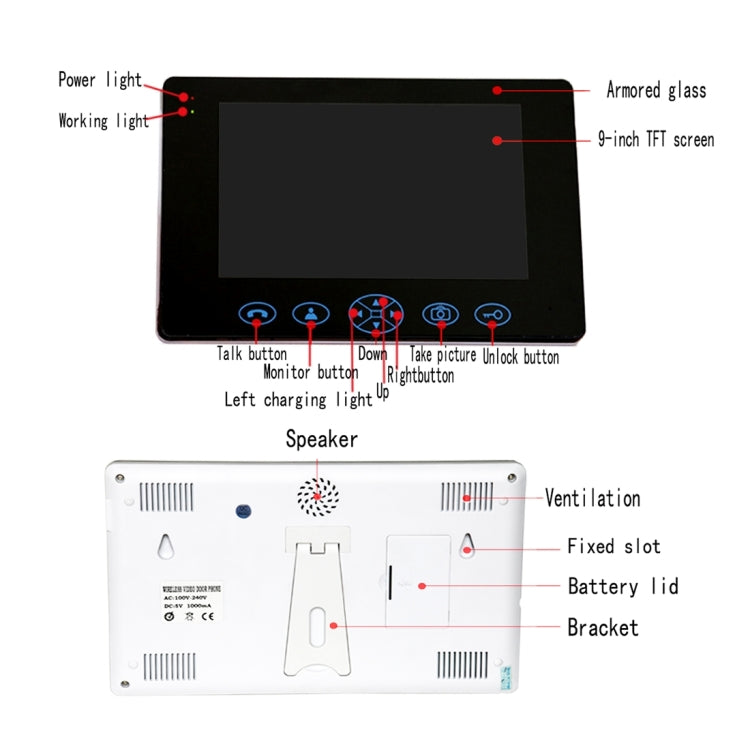 TS-WP908 9.0 inch TFT 2.4GHz Digital Wireless Video Door Phone, Support Night Vision / Monitor / Unlock / Photo