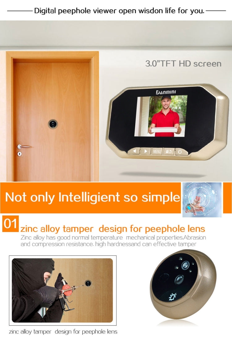 Danmini YB-30AHD-M 3.0 inch Screen 2.0MP Security Camera Disturb Peephole Viewer, Support TF Card / Night Vision / PIR Motion Detection / Video Recording