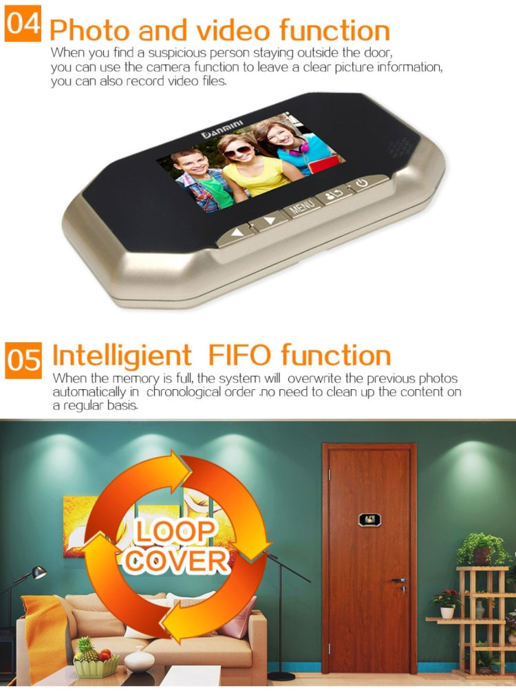 Danmini YB-30BHD 3 inch Screen 2.0MP Security Camera Taking Picture and Video Recording Door Peephole, Support TF Card
