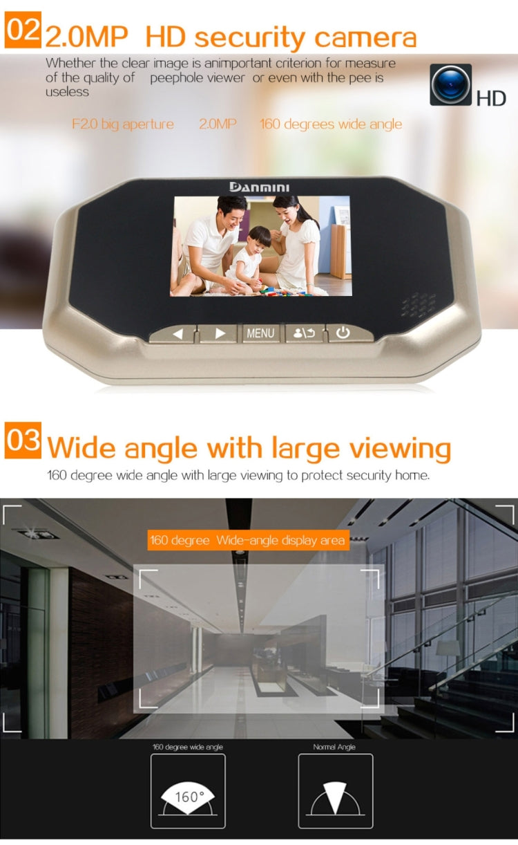 Danmini YB-30BHD 3 inch Screen 2.0MP Security Camera Taking Picture and Video Recording Door Peephole, Support TF Card