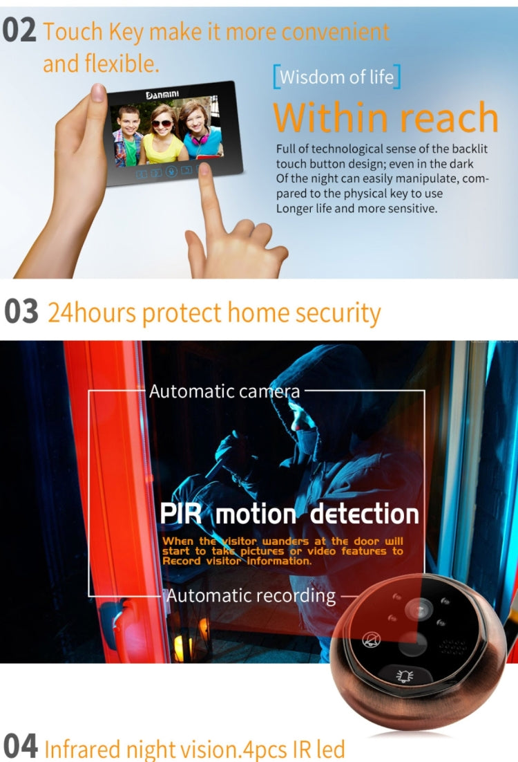 Danmini YB-43HD-MT 4.3 inch Screen 3.0MP Security Camera No Disturb Peephole Viewer Digital Peephole Door Bell with Touch Keys, Support Night Vision & PIR Motion Detection & Voice Intercom & TF Card & Video Recording (Black)