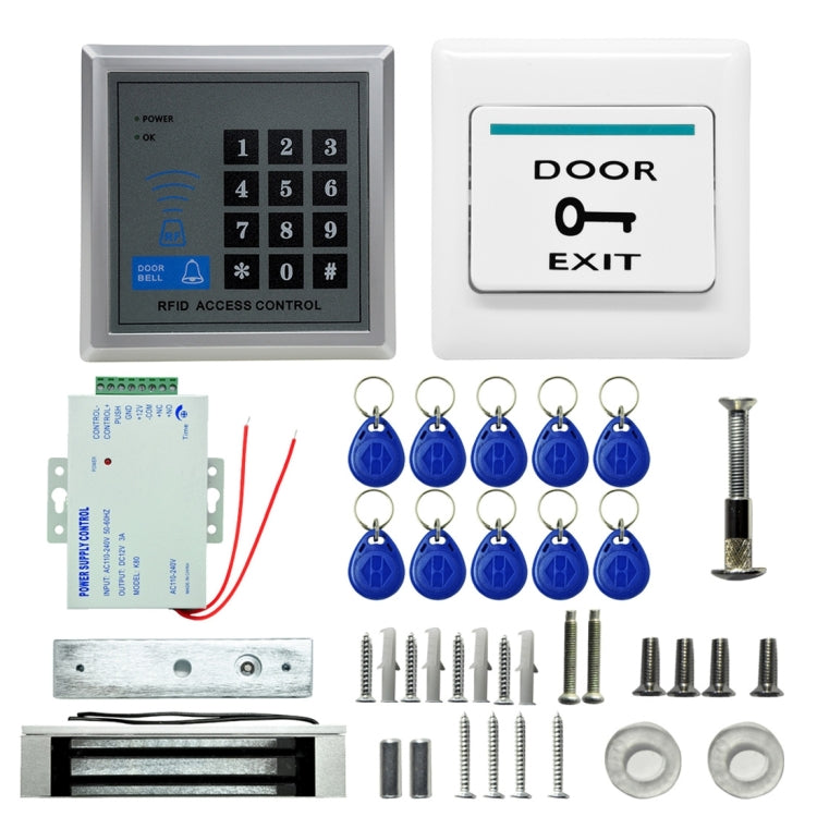 MJPT019 RFID Access Control System Kits + Magnetic Lock + 10 Buckle Card + Power Supply + Exit Button + Screws Kit