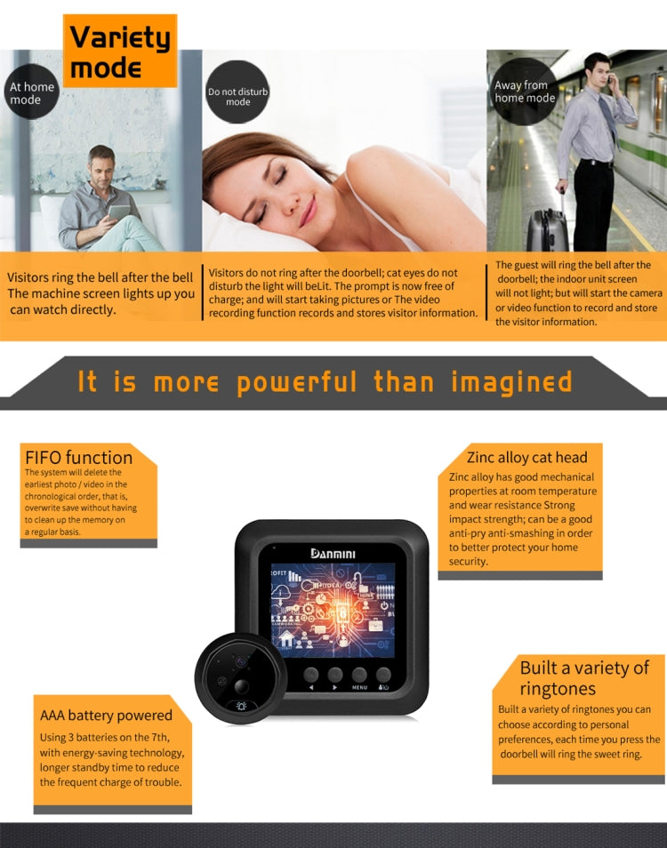 Danmini Q5 PIR 2.4 inch Screen 2.0MP Security Camera No Disturb Peephole Viewer, Support TF Card / Night Vision / PIR Motion Detection / Body Sensor / Video Recording