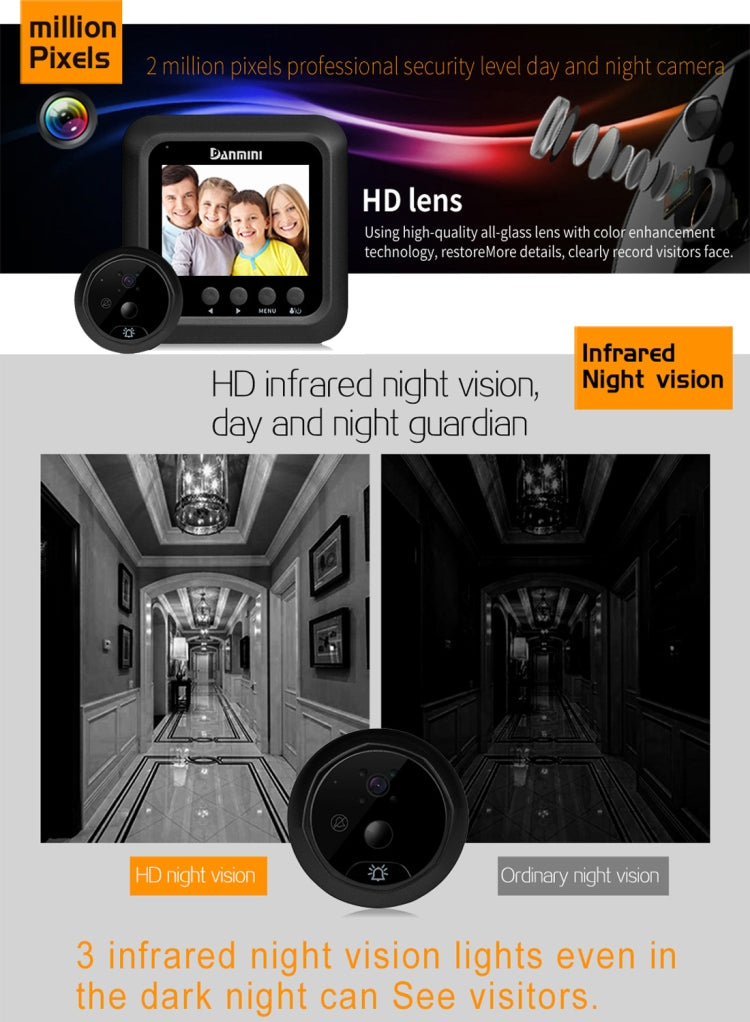 Danmini Q5 PIR 2.4 inch Screen 2.0MP Security Camera No Disturb Peephole Viewer, Support TF Card / Night Vision / PIR Motion Detection / Body Sensor / Video Recording