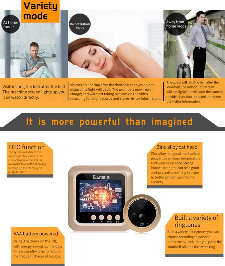Danmini Q5 PIR 2.4 inch Screen 2.0MP Security Camera No Disturb Peephole Viewer, Support TF Card / Night Vision / PIR Motion Detection / Body Sensor / Video Recording