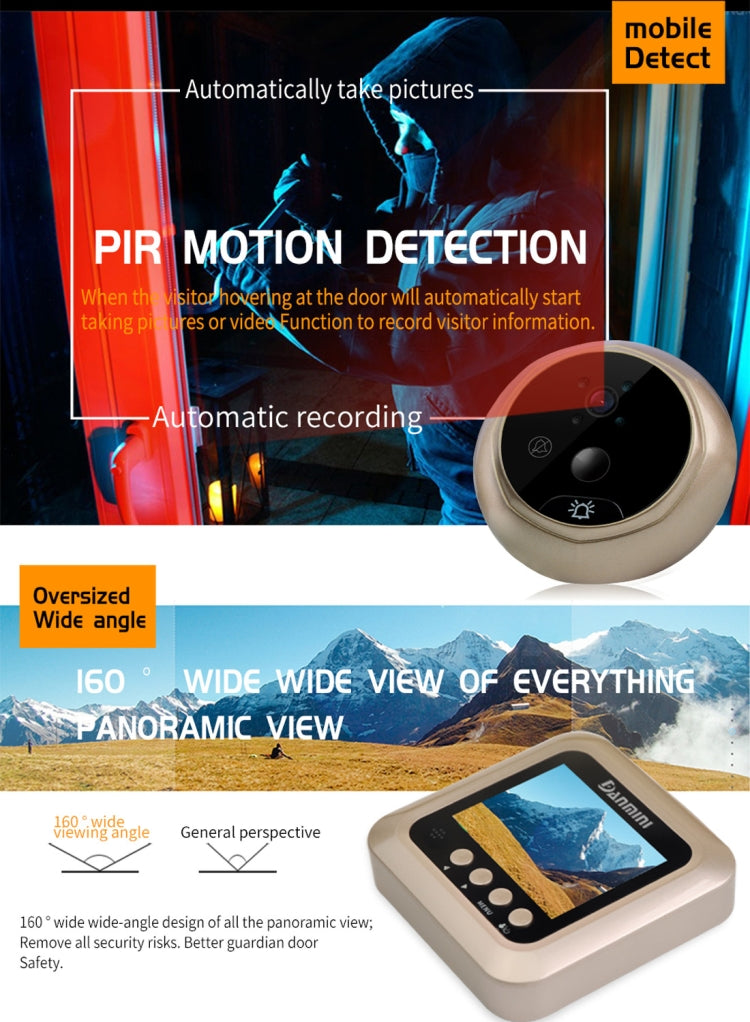 Danmini Q5 PIR 2.4 inch Screen 2.0MP Security Camera No Disturb Peephole Viewer, Support TF Card / Night Vision / PIR Motion Detection / Body Sensor / Video Recording
