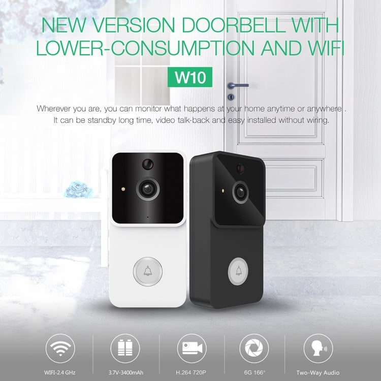 W10 2.4GHz Wireless Intelligent Doorbell 720P WiFi Video Doorbell Visual Camera Doorbell Intercom Home Security Safe, Support PIR Detection / Night Vision / Video Talk Back