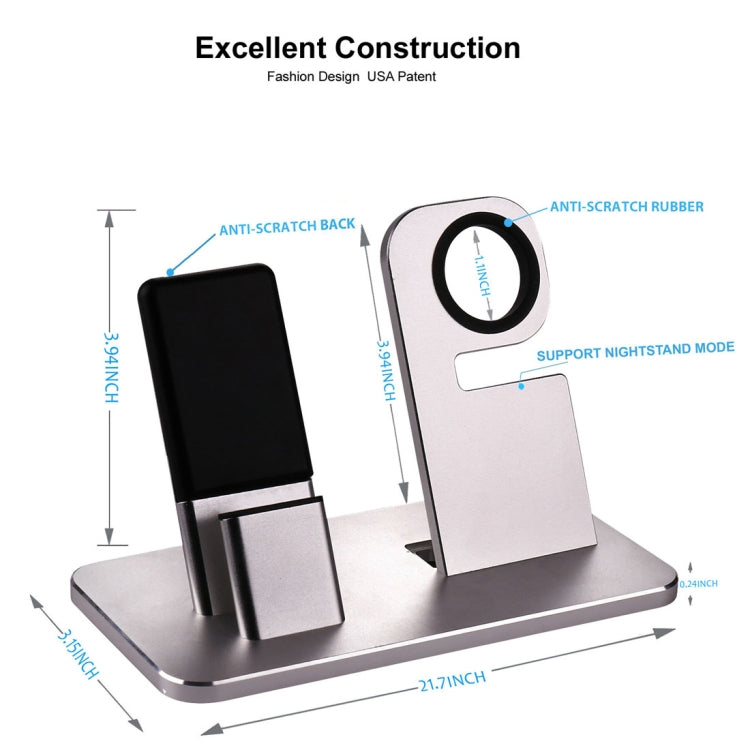 2 In 1 Aluminum Alloy Charging Dock Stand Holder Station, For Apple Watch Series 3 / 2 / 1 / 42mm / 38mm, iPhone X / 8 / 8 Plus / 7 / 7 Plus / 6s / 6s Plus
