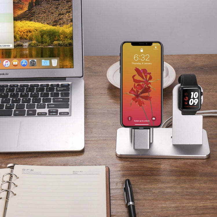 2 In 1 Aluminum Alloy Charging Dock Stand Holder Station, For Apple Watch Series 3 / 2 / 1 / 42mm / 38mm, iPhone X / 8 / 8 Plus / 7 / 7 Plus / 6s / 6s Plus