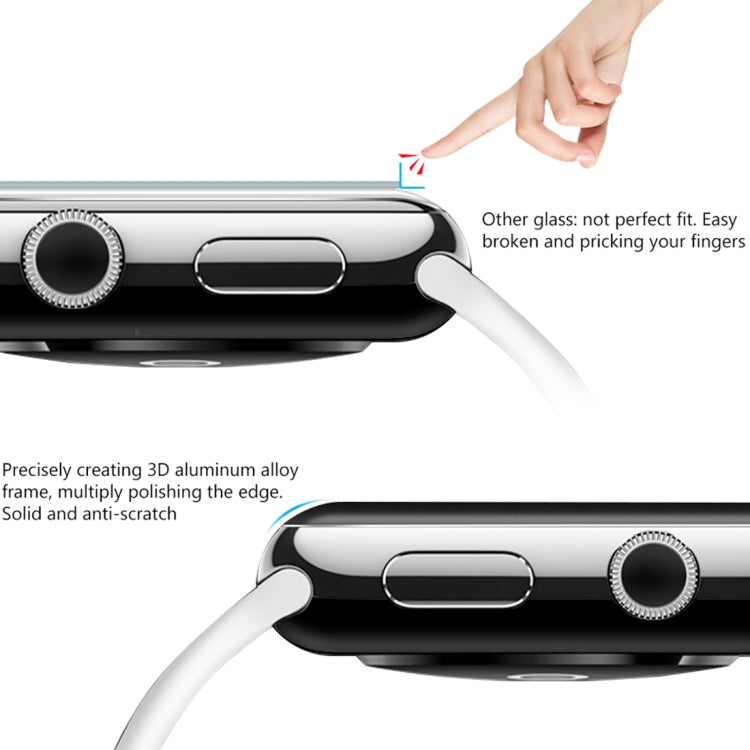 For Apple Watch Series 3 38mm 0.2mm 9H Surface Hardness 3D Edge Aluminum Alloy Frame Anti-scratch Full Coverage Tempered Glass Screen Protector