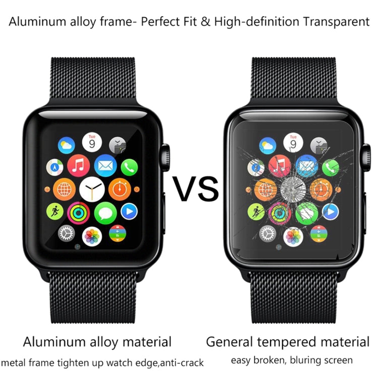For Apple Watch Series 3 38mm 0.2mm 9H Surface Hardness 3D Edge Aluminum Alloy Frame Anti-scratch Full Coverage Tempered Glass Screen Protector