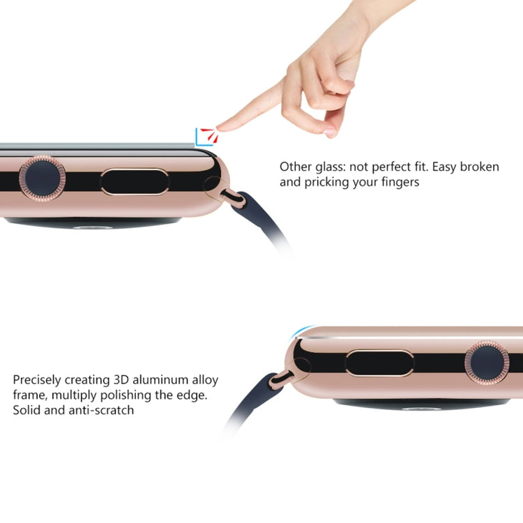 For Apple Watch Series 3 38mm 0.2mm 9H Surface Hardness 3D Edge Aluminum Alloy Frame Anti-scratch Full Coverage Tempered Glass Screen Protector