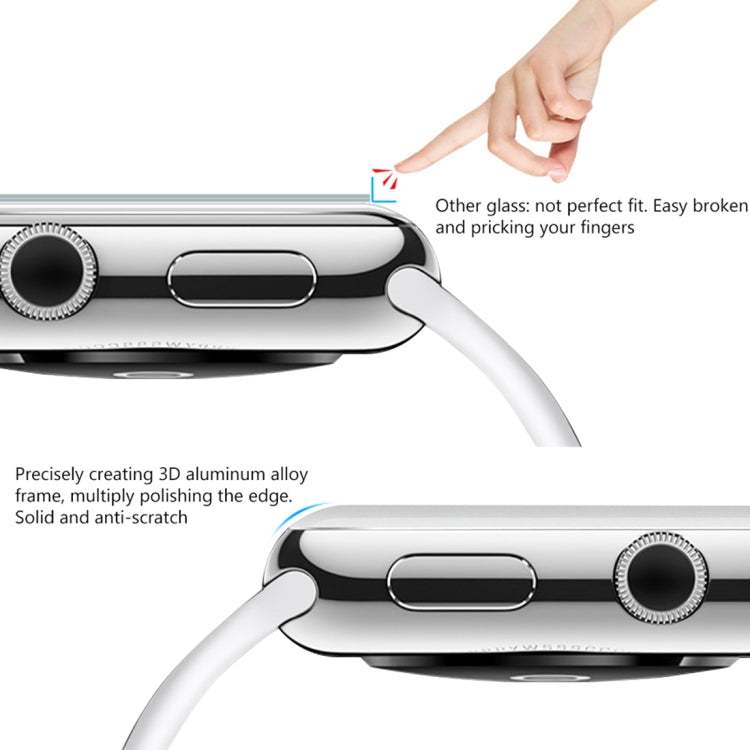 For Apple Watch Series 3 38mm 0.2mm 9H Surface Hardness 3D Edge Aluminum Alloy Frame Anti-scratch Full Coverage Tempered Glass Screen Protector
