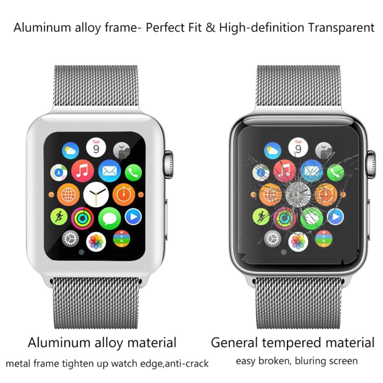 For Apple Watch Series 3 38mm 0.2mm 9H Surface Hardness 3D Edge Aluminum Alloy Frame Anti-scratch Full Coverage Tempered Glass Screen Protector