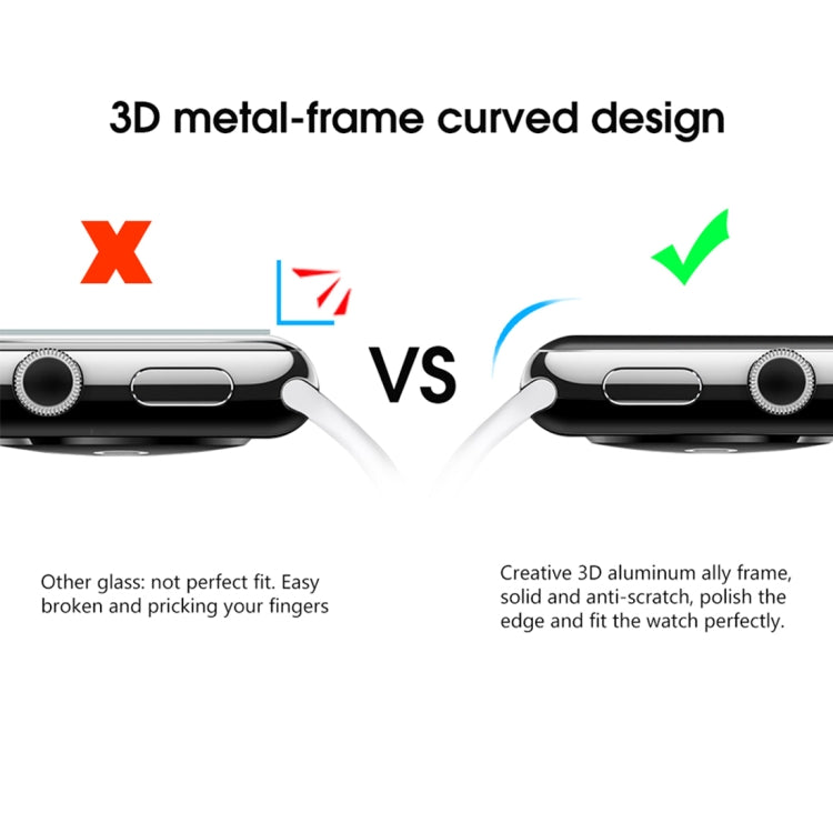 For Apple Watch Series 3 42mm 0.2mm 9H Surface Hardness 3D Edge Aluminum Alloy Frame Anti-scratch Full Coverage Tempered Glass Screen Protector