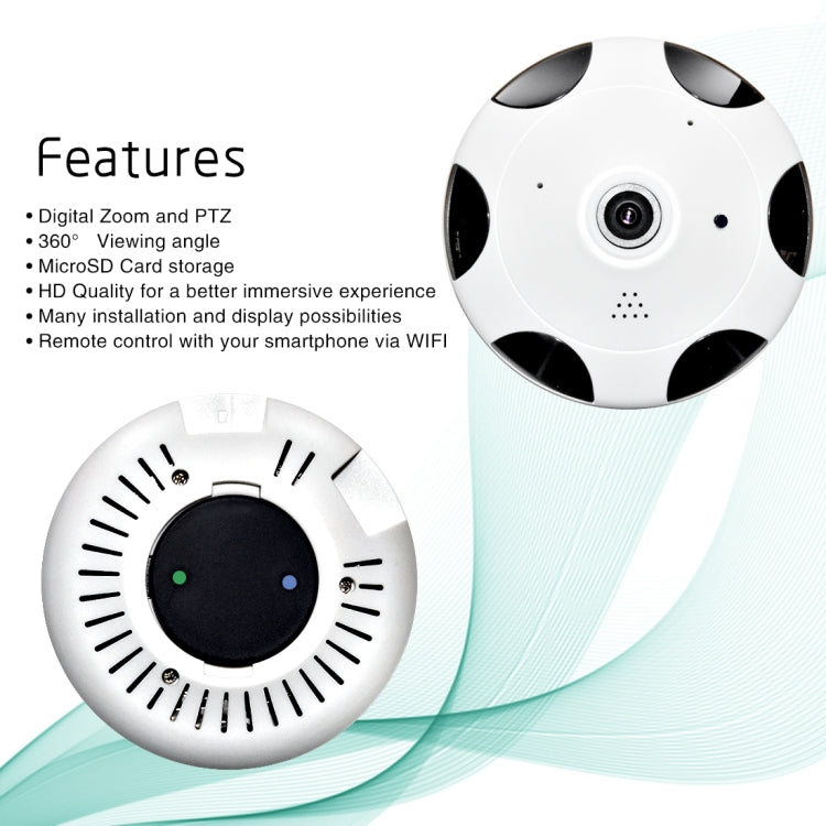 WQ-004 360 Degrees Viewing VR Camera WiFi IP Camera, Support TF Card (128GB Max), US Plug(White)