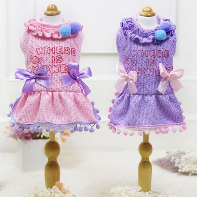 Cute Furry Ball Pet Knitting Dress, Size: L, Back Length: 32cm, Chest: 48cm, Random Color Delivery