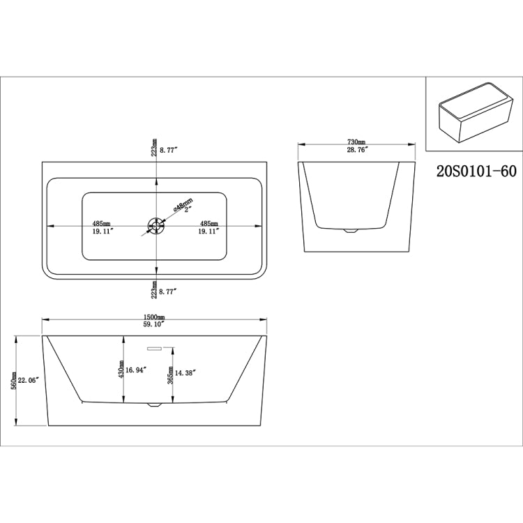 [US Warehouse] Acrylic Alcove Freestanding Soaking Bathtub, Size: 59.10 x 28.76 x 22.06 inch