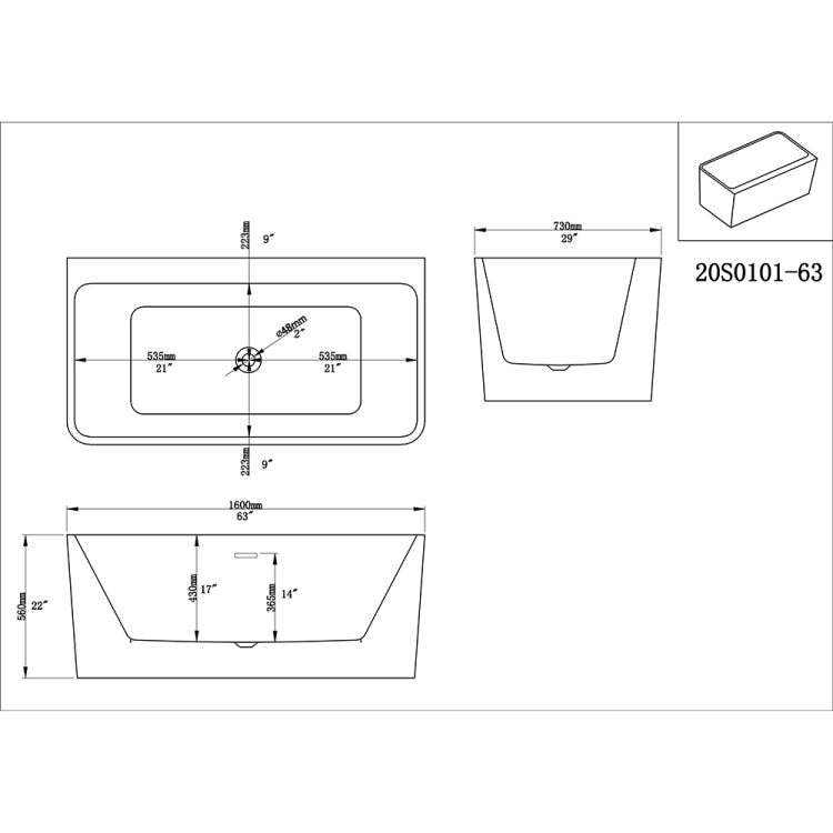 [US Warehouse] Acrylic Alcove Freestanding Soaking Bathtub, Size: 62.99 x 28.76 x 22.06 inch