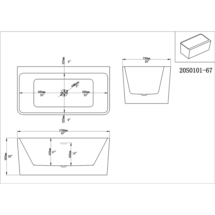 [US Warehouse] Acrylic Alcove Freestanding Soaking Bathtub, Size: 66.93 x 28.76 x 22.06 inch