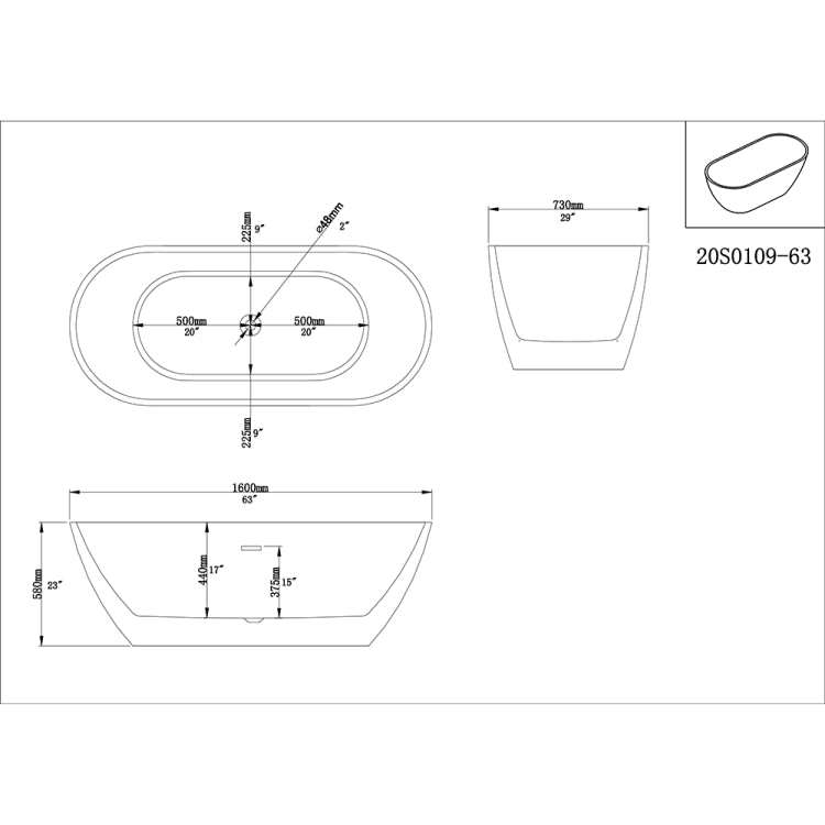 [US Warehouse] Acrylic Alcove Oval Freestanding Soaking Bathtub, Size: 63 x 29 x 23 inch