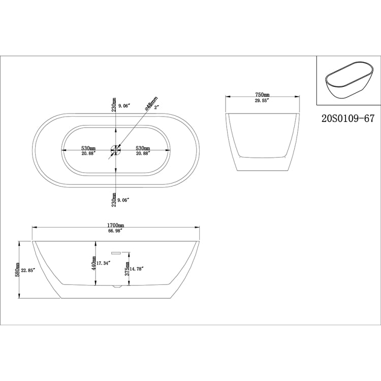 [US Warehouse] Acrylic Alcove Oval Freestanding Soaking Bathtub, Size: 66.98 x 29.55 x 22.85 inch