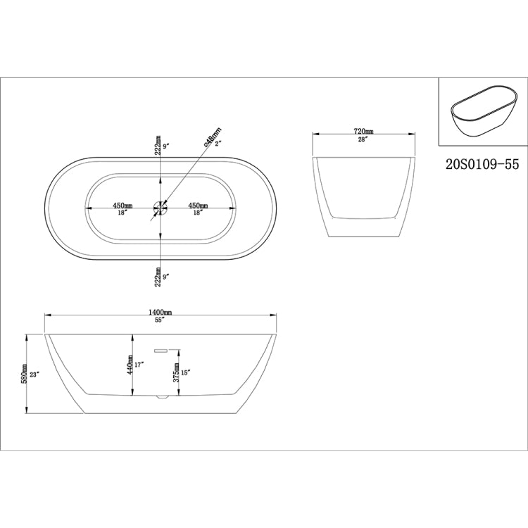 [US Warehouse] Acrylic Alcove Oval Freestanding Soaking Bathtub, Size: 55 x 28 x 23 inch