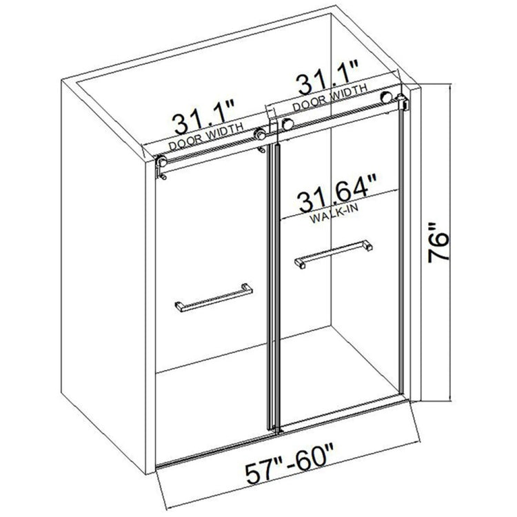 [US Warehouse] Two-sided Sliding Frameless Glass Bathroom Door with Handle, Size: 76 x (57-60) inch