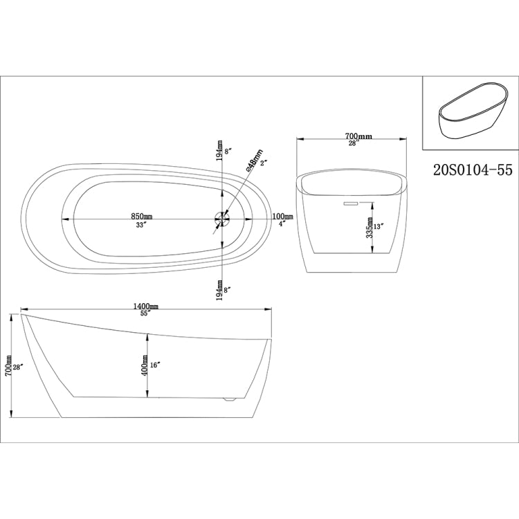 [US Warehouse] Acrylic Alcove Boat Shape Freestanding Soaking Bathtub, Size: 55 x 28 x 28 inch