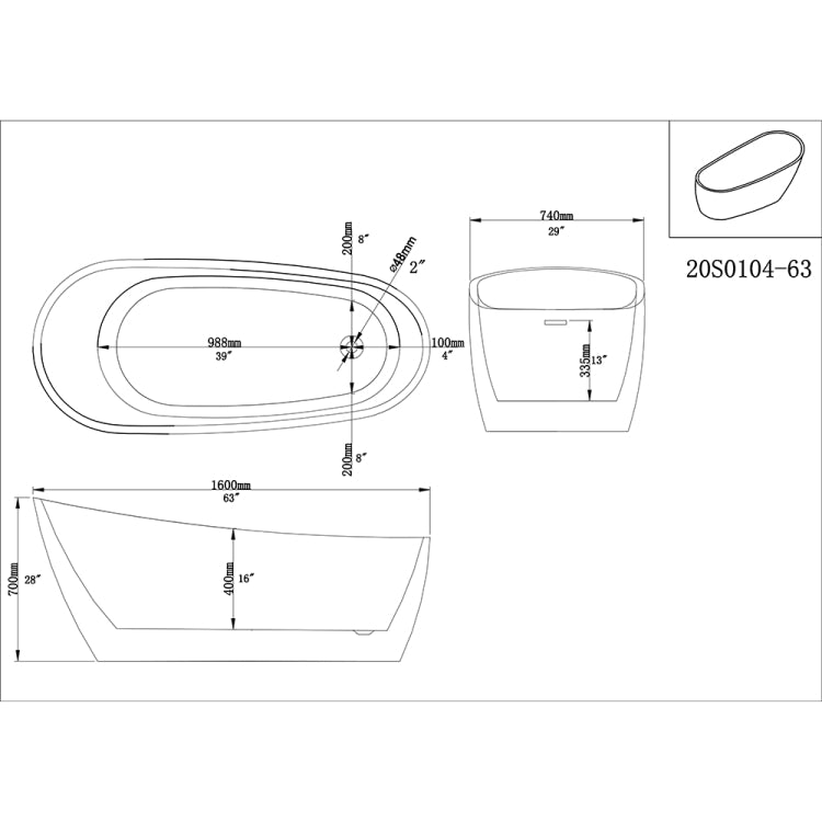 [US Warehouse] Acrylic Alcove Boat Shape Freestanding Soaking Bathtub, Size: 63 x 29 x 28 inch