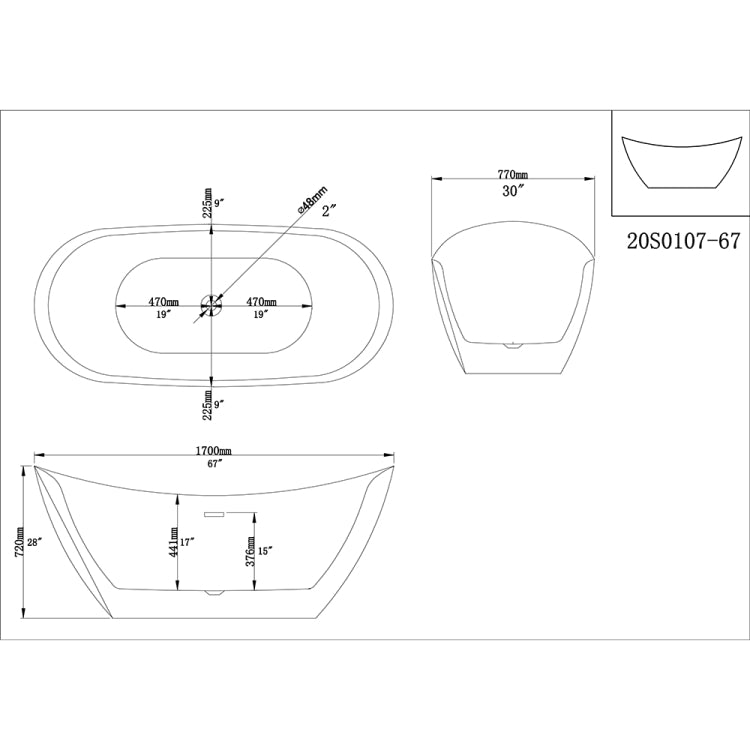 [US Warehouse] Acrylic Alcove Ingot Shape Freestanding Soaking Bathtub, Size: 67 x 30 x 28 inch