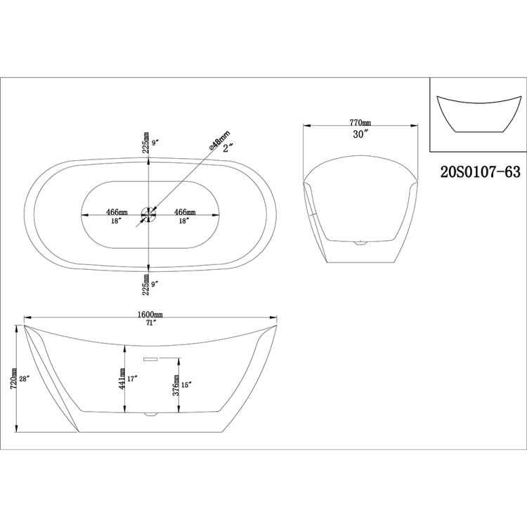 [US Warehouse] Acrylic Alcove Ingot Shape Freestanding Soaking Bathtub, Size: 71 x 30 x 28 inch