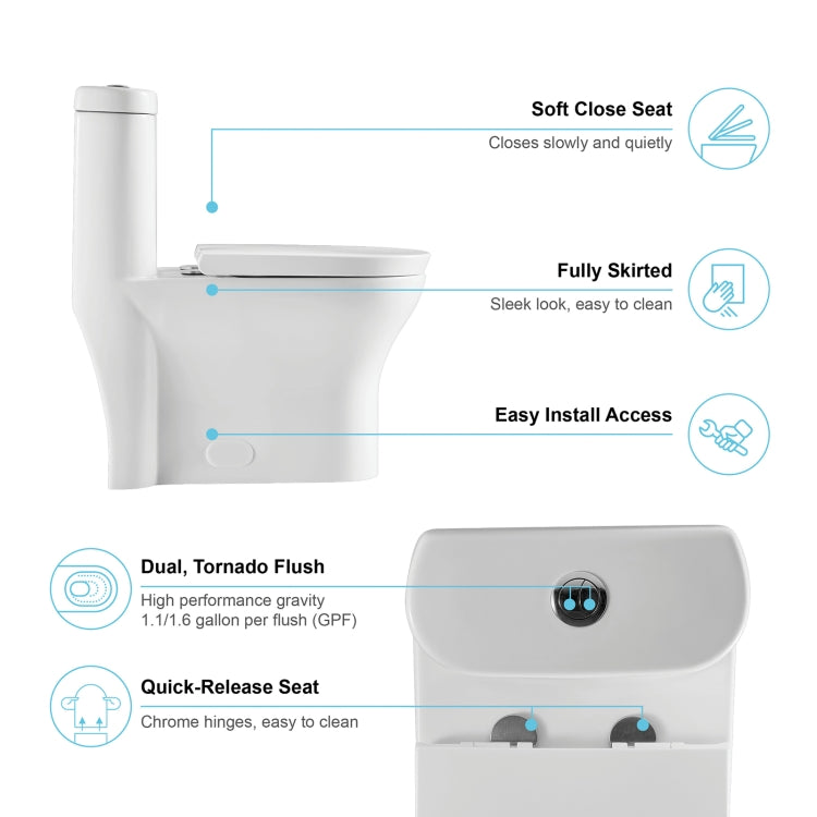 [US Warehouse] Space Saver High-Efficiency Water Sense Dual-Flush Elongated One-Piece Toilet  with Soft Closing Seat, Size: 77 x 71 x 40.5cm