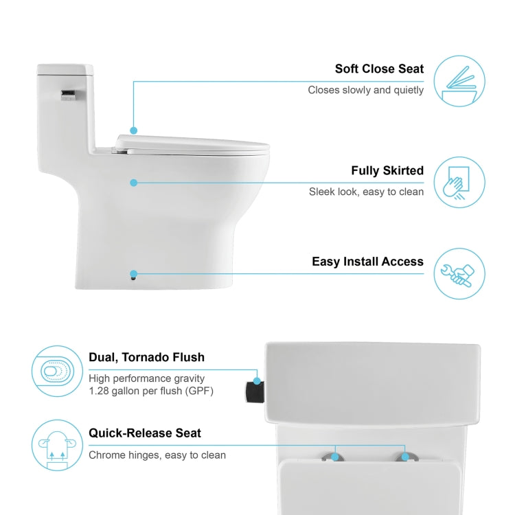 [US Warehouse] Space Saver Single-Flush Elongated One-Piece Toilet with Soft Closing Seat, Size: 70 x 72.5 x 42cm