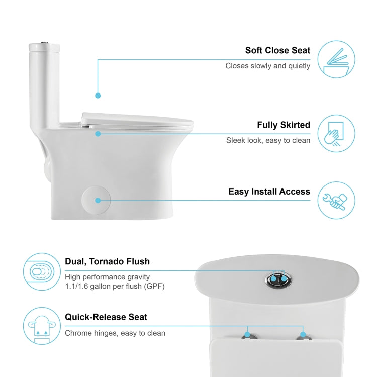 [US Warehouse] Space Saver Dual Flush Elongated One-Piece Toilet with Soft Closing Seat, Size: 74 x 72 x 39cm