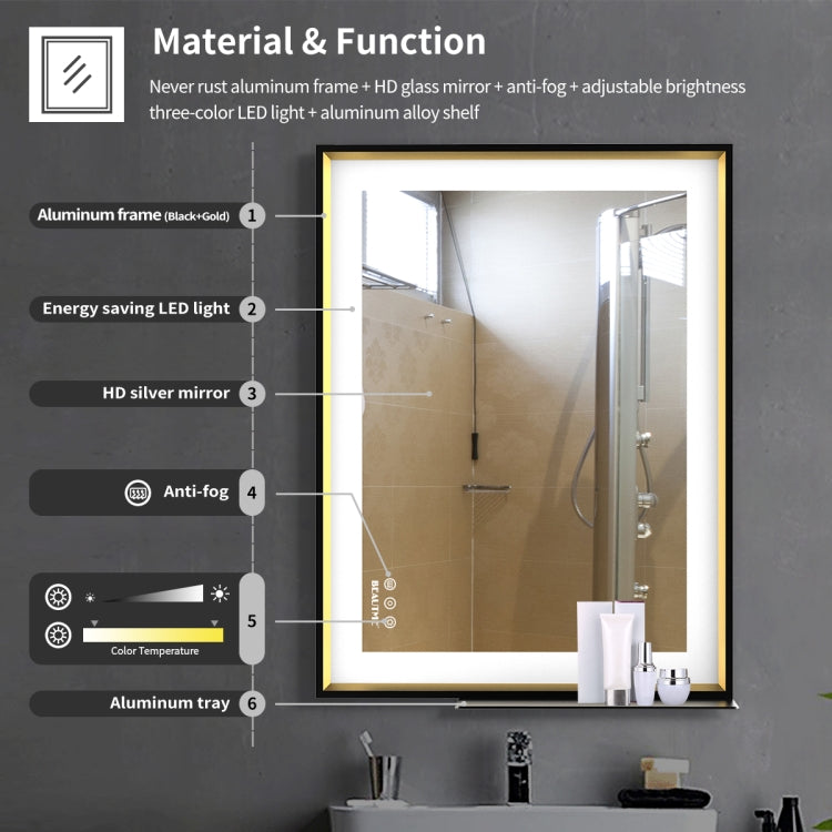 [US Warehouse] 48W Wall-mounted Rectangle Mirror Bathroom Vanity Mirror with Anti-fog Memory & LED Light, Size: 32x24x1.8 inch