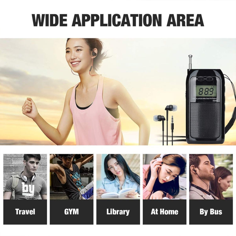 K-605 Portable FM / AM / SW Full Band Stereo Radio, Support TF Card (Black)