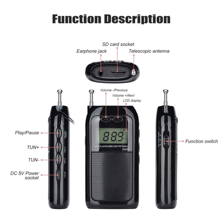 K-605 Portable FM / AM / SW Full Band Stereo Radio, Support TF Card (Black)