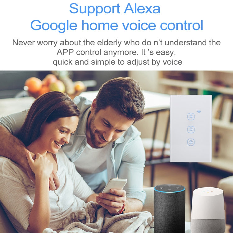 2.4G 3 Buttons Smart Light Wall Switch, Support Alexa / Google Home Voice Control, US Plug