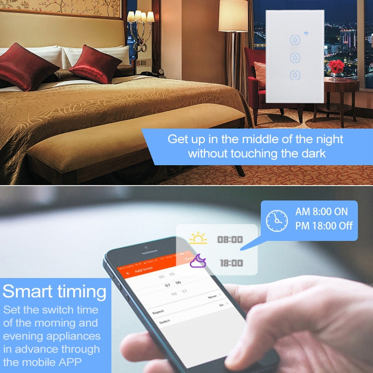 2.4G 3 Buttons Smart Light Wall Switch, Support Alexa / Google Home Voice Control, US Plug