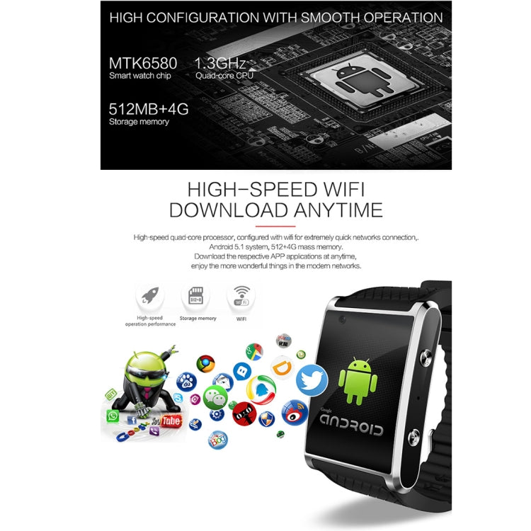 X11 Smart Watch Phone, 512MB + 4GB, 1.54 inch IPS Touch Screen, MTK6580 Quad Core 1.3GHZ, Network: 3G, Support Sleep Monitoring,  Precise Step Calculation, Camera, GPS, Bluetooth