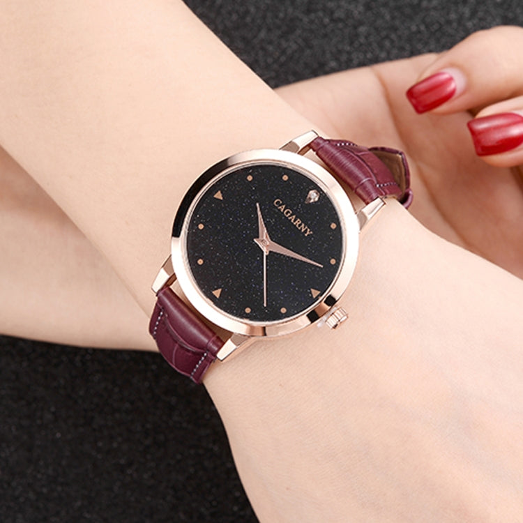 CAGARNY 6875 Round Dial Water Resistant Starry Sky Pattern Fashion Women Quartz Wrist Watch with Leather Band