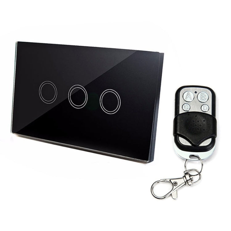 120mm 3 Gang Tempered Glass Panel Wall Switch Smart Home Light Touch Switch with RF433 Remote Controller, AC 110V-240V