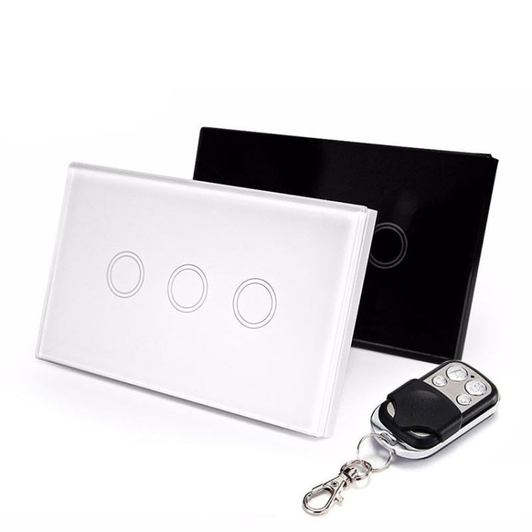 120mm 3 Gang Tempered Glass Panel Wall Switch Smart Home Light Touch Switch with RF433 Remote Controller, AC 110V-240V