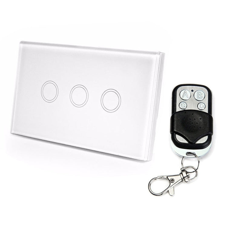120mm 3 Gang Tempered Glass Panel Wall Switch Smart Home Light Touch Switch with RF433 Remote Controller, AC 110V-240V