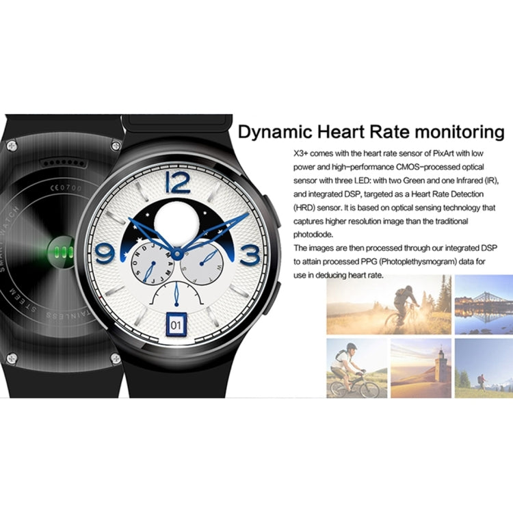 X3 Plus Smart Watch Phone, 1GB+16GB, 1.3 inch IPS Screen Android 5.1 MTK6580 Quad Core 1.3GHz, Silicone Watch Band, Network: 3G, Support Heart Rate Monitor & Pedometer & GPS & WiFi & Bluetooth