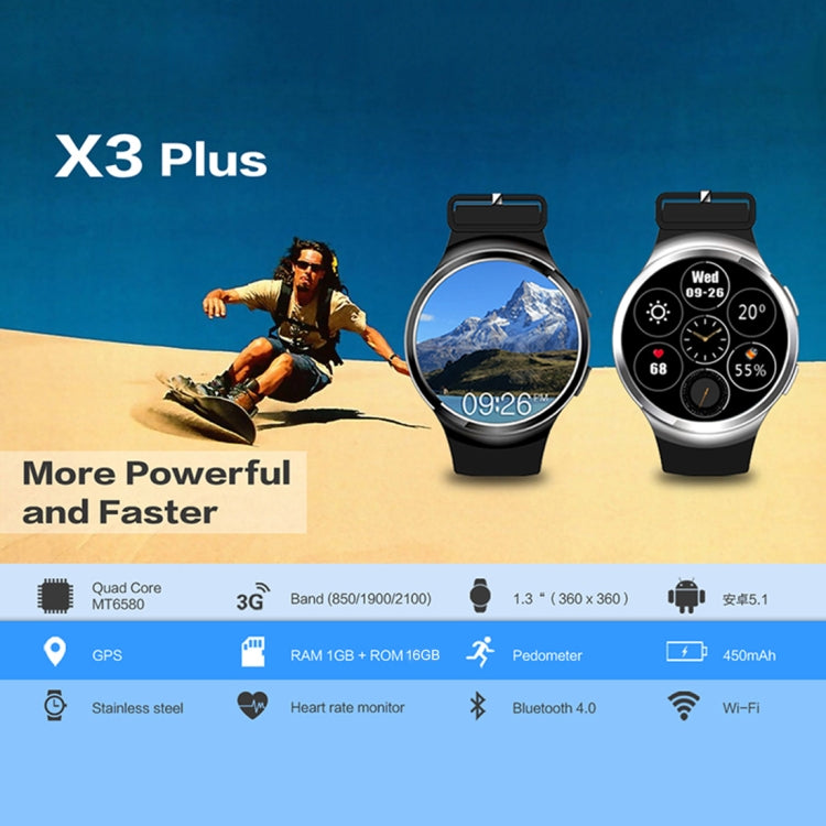 X3 Plus Smart Watch Phone, 1GB+16GB, 1.3 inch IPS Screen Android 5.1 MTK6580 Quad Core 1.3GHz, Silicone Watch Band, Network: 3G, Support Heart Rate Monitor & Pedometer & GPS & WiFi & Bluetooth
